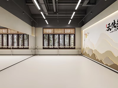 Spacious Fitness Studio With White Floors Large Windows Traditional Landscape Art And Virtue Calligraphy 3d model