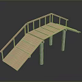 Wooden Walkway Bridge With Railings And Concrete Support Pillars On Dark Reflective Surface