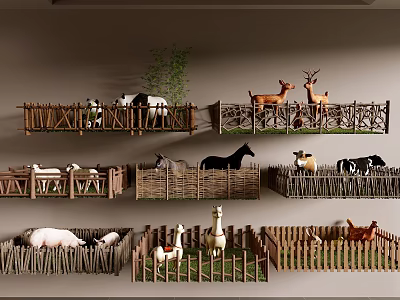Indoor Display Of Different Farm Animal Varieties In Wooden Fences 3d model