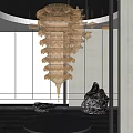 Intricate Hanging Sculpture With Layered Wooden Design In Modern Interior With Stone Accents
