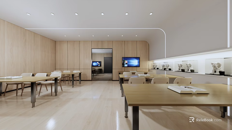 School Cafeteria Modern Open Kitchen With Wooden Tables Chairs And TV Screens 3d model 