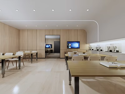 School Cafeteria Modern Open Kitchen With Wooden Tables Chairs And TV Screens 3d model
