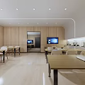 School Cafeteria Modern Open Kitchen With Wooden Tables Chairs And TV Screens