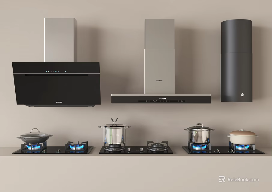 Efficient Modern Kitchen Appliances Featuring Range Hoods Gas Stoves And Cooking Pots 3d model 
