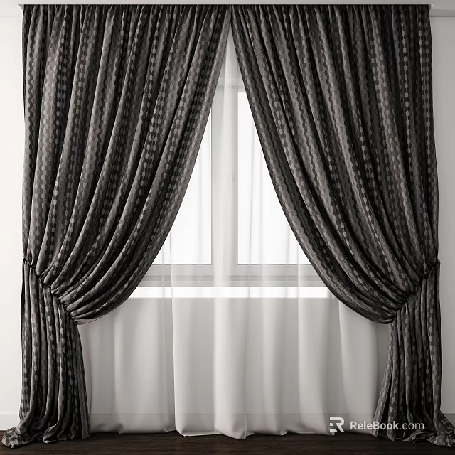 Dark Striped Curtains Tied Back With Sheer White Panels For Window Decoration 3d model 