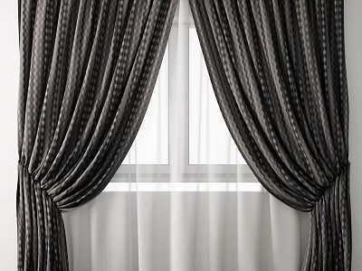 Dark Striped Curtains Tied Back With Sheer White Panels For Window Decoration 3d model