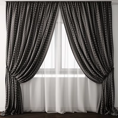 Dark Striped Curtains Tied Back With Sheer White Panels For Window Decoration 3d model