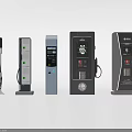 Public Electric Vehicle Charging Stations With Various Designs And Digital Screens