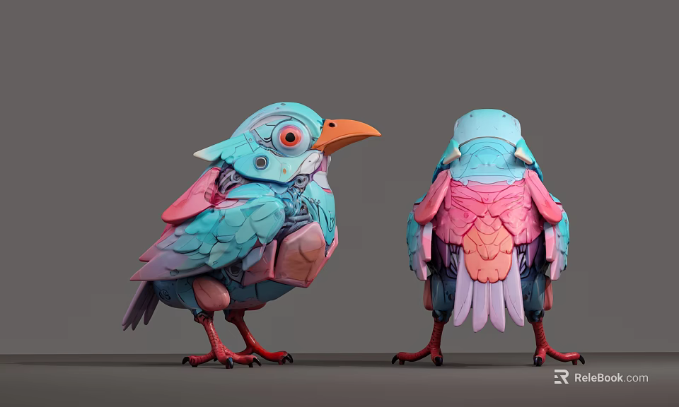 Smart Machine Colorful Mechanical Bird Front And Back Views With Metallic Feathers 3d model 