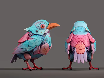 Smart Machine Colorful Mechanical Bird Front And Back Views With Metallic Feathers 3d model