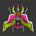 Futuristic Cosmic Spaceship With Green Pink Wings Thruster And Sharp Structures