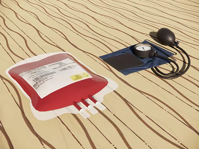 Essential Medical Devices Including Blood Bag And Sphygmomanometer On Wooden Surface 3d model