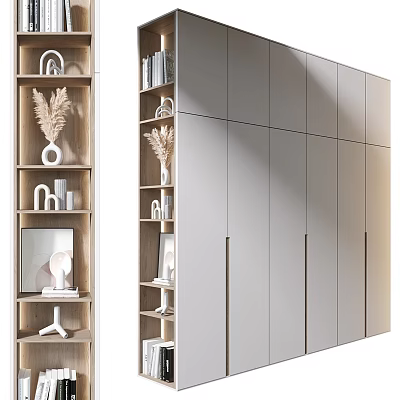 Modern Light Gray Wardrobe Design With Sliding Doors And Decorative Shelves 3d model