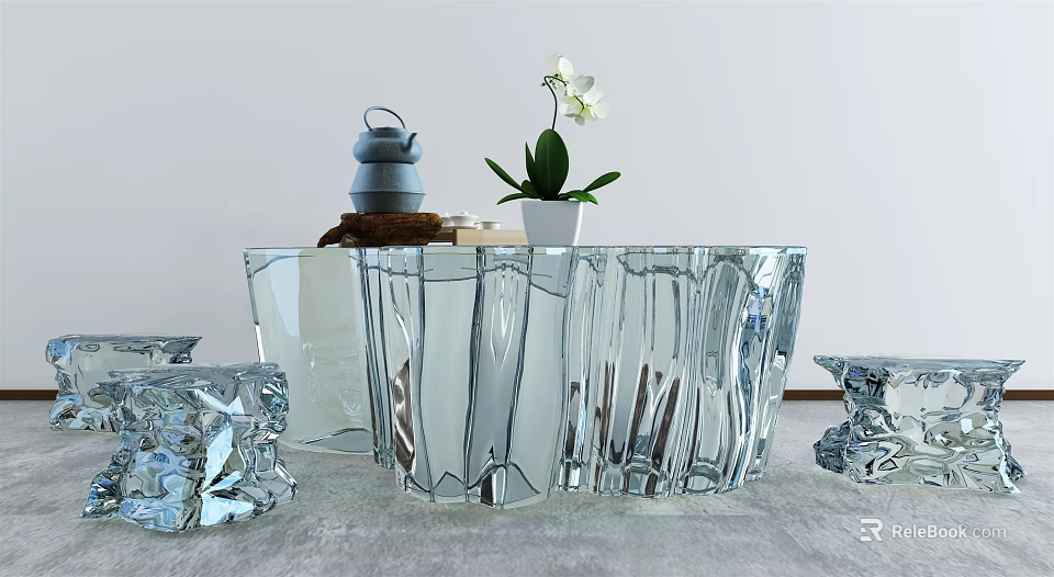 Transparent Glass Coffee Table With Blue Teapot White Orchid And Textured Design 3d model 