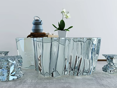 Transparent Glass Coffee Table With Blue Teapot White Orchid And Textured Design 3d model