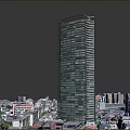 Aerial Planning of Tall Glass Curtain Wall Skyscraper with Sunset and Urban Buildings