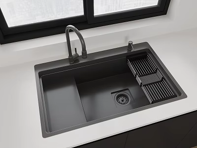 Black Kitchen Sink With Double Bowl And Drainer On White Countertop Near Window 3d model