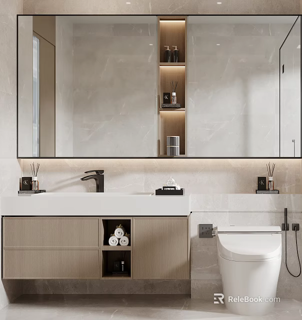 Modern Bathroom Vanity Cabinet With Large Mirror White Countertop And Storage Shelves 3d model 