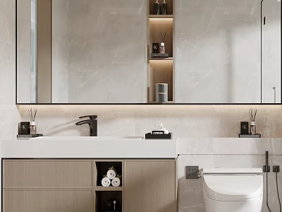Modern Bathroom Vanity Cabinet With Large Mirror White Countertop And Storage Shelves 3d model