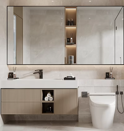 Modern Bathroom Vanity Cabinet With Large Mirror White Countertop And Storage Shelves 3d model
