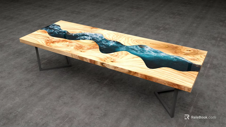 Unique Wooden Table With Blue Resin River Design And Metal Legs 3d model 