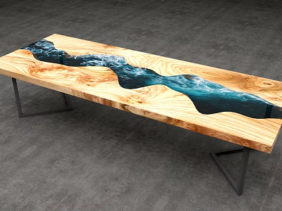Unique Wooden Table With Blue Resin River Design And Metal Legs 3d model