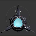 Red Silver Interstellar Spaceship with Blue Luminous Stripes and Futuristic Design Elements