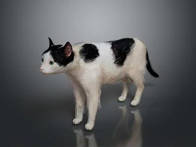 Black and white cat standing on smooth reflective surface against gray background 3d model
