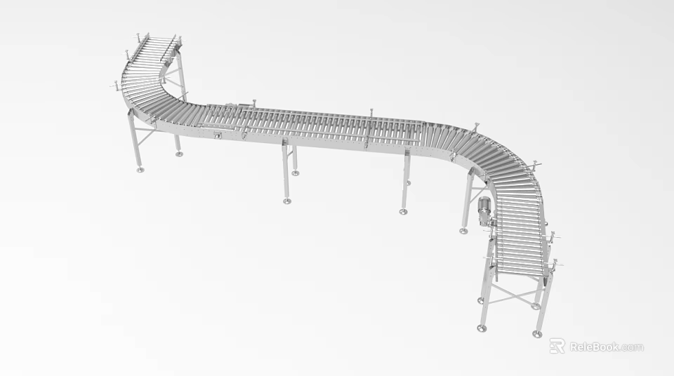 Industrial Curved Conveyor Belt System With Metal Frame And Roller Components For Material Transport 3d model 