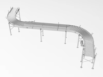 Industrial Curved Conveyor Belt System With Metal Frame And Roller Components For Material Transport 3d model