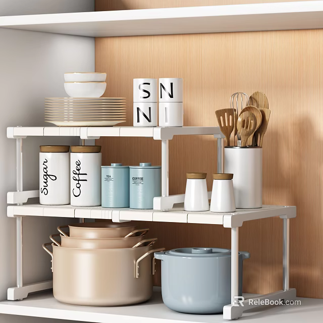 Organized Kitchen Tableware Set On White Shelf With Plates Cups Labeled Jars And Wooden Utensils 3d model 
