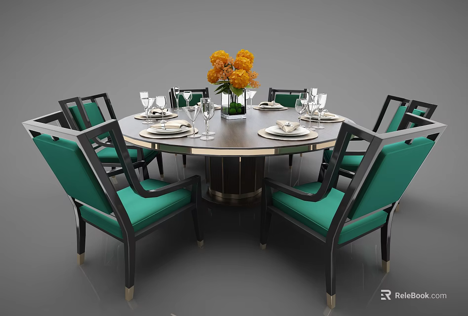 Elegant Round Dining Table Set With Green Chairs Orange Flowers And Tableware 3d model