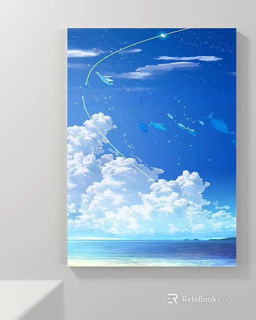 Beautiful Landscape Painting with Blue Sky White Clouds Flying Fish and Ocean Island 3d model 