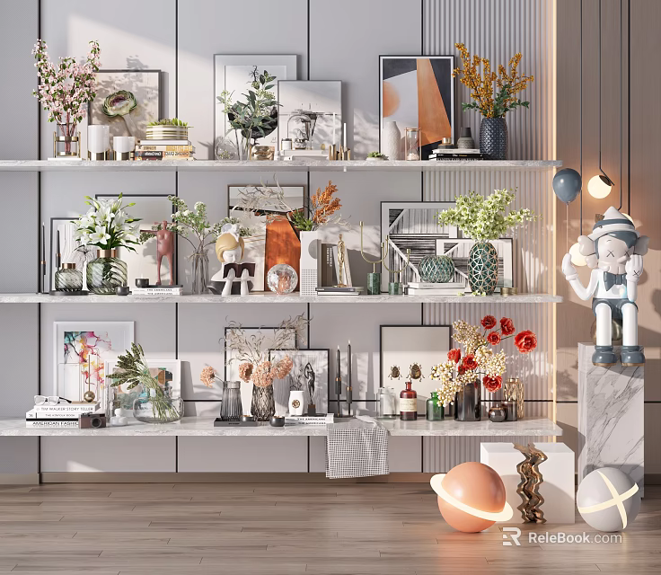 Decorative Ornament Combinations with Vases Photo Frames Green Plants Sculpture on Multi tiered White Shelves 3d model 