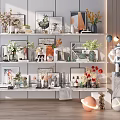 Decorative Ornament Combinations with Vases Photo Frames Green Plants Sculpture on Multi tiered White Shelves
