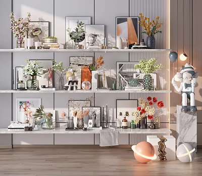 Decorative Ornament Combinations with Vases Photo Frames Green Plants Sculpture on Multi tiered White Shelves 3d model