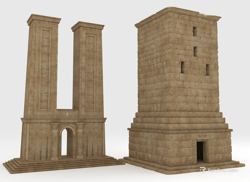 Ancient Stone Tower Structures Featuring U Shaped Columns Archway Square Windows And Steps 3d model