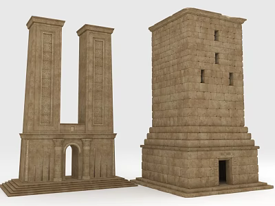 Ancient Stone Tower Structures Featuring U Shaped Columns Archway Square Windows And Steps 3d model