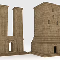 Ancient Stone Tower Structures Featuring U Shaped Columns Archway Square Windows And Steps 3d model