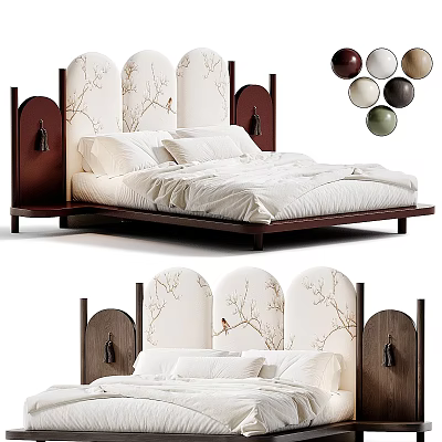 Elegant Double Bed With Three Panel Fabric Headboard Wooden Frame And Tassel Decor 3d model