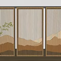 Modern Wooden Room Divider Screen with Vertical Slats Mountain Design and Ambient Lighting