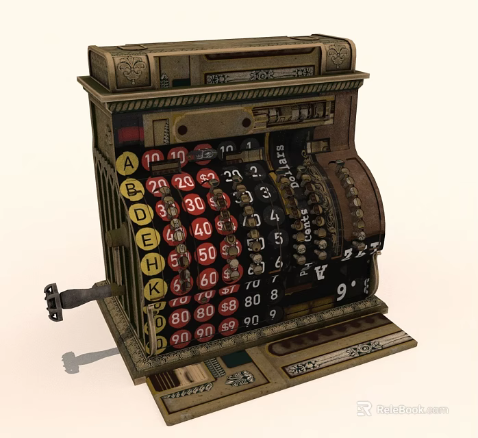 Vintage Cash Register With Brass Details Number Letter Buttons And Antique Design 3d model 