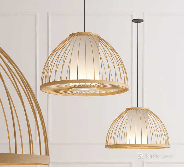 Two Woven Bamboo Pendant Lights Against White Wall With Round Shade And Soft Lighting 3d model 