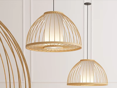 Two Woven Bamboo Pendant Lights Against White Wall With Round Shade And Soft Lighting 3d model