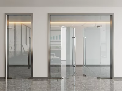 Double Glass Doors with Silver Metal Frames in Modern Interior and Marble Floor Design 3d model