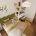 Cozy Bedroom Interior With Wooden Blinds Desk Laptop Table Lamp White Chair And Orange Blanket