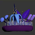 Colorful Plants with Blue Mushroom Shapes Large Purple Leaves and Purple Dotted Small Flowers