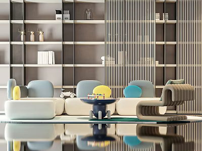 Modern Sofa Coffee Table Set With Light Blue Seats And Colorful Decor In Living Room 3d model