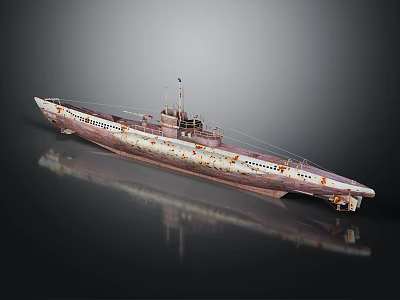 Rusted Submarine Model With Cannon Antenna And Reflection On Glossy Surface 3d model