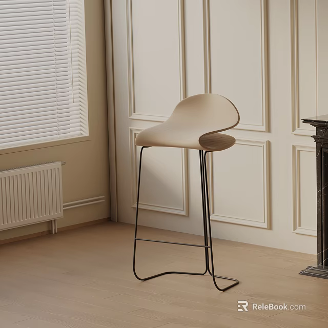 Modern Beige Bar Stool With Black Metal Frame In Interior With Blinds And Wooden Floor 3d model 